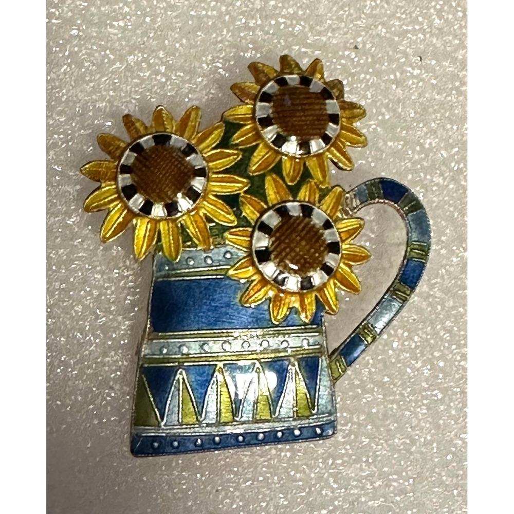 Sterling Silver & Enamel Pin Sunflowers in Pitcher